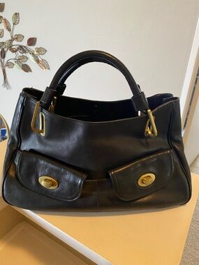 Kenneth Cole Black Leather Shoulder Bag with Gold Hardware